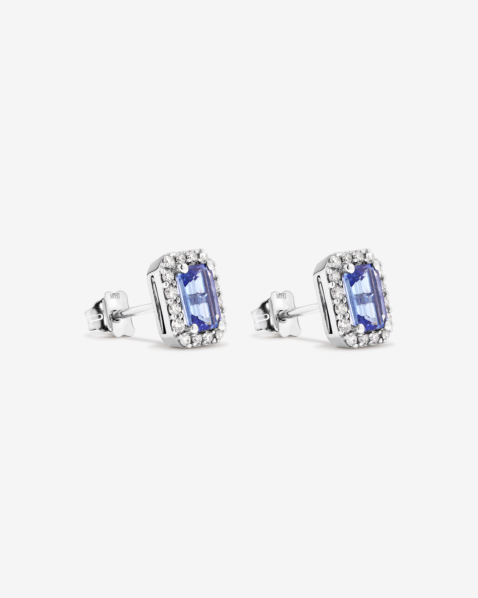 Boucles D'Oreilles Halo Avec Tanzanite Bleue Taille Émeraude Et 0,25 Carat Pt De Diamants En Or Blanc 14 Ct
