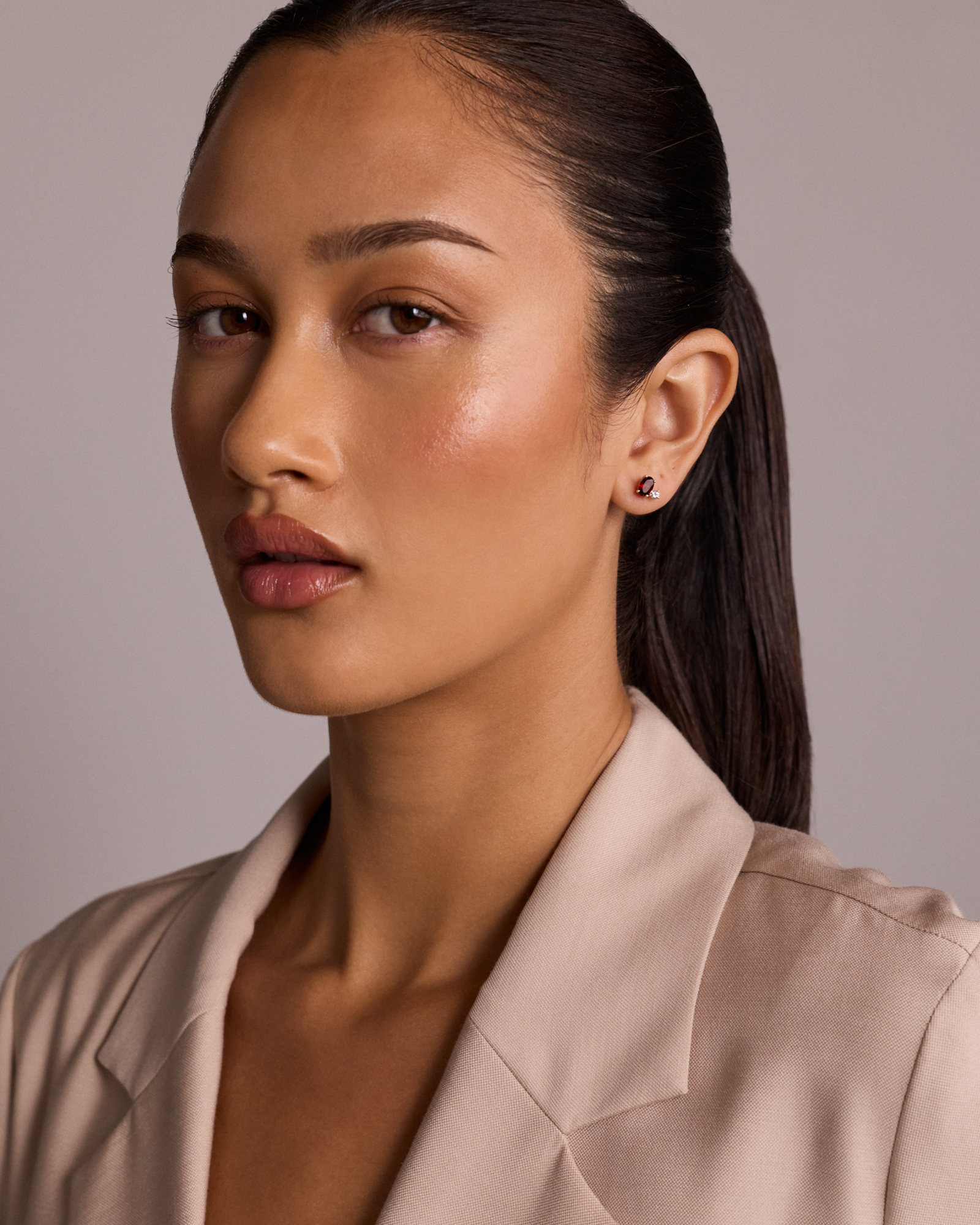 Round White Sapphire and Oval-Cut Garnet Toi Et Moi Stud Earrings in 10kt Yellow Gold