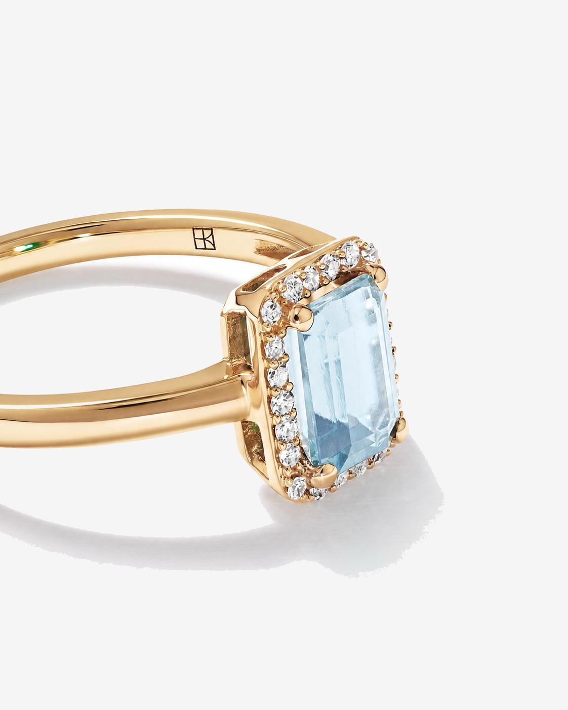 Emerald Cut Aquamarine and Diamond Halo Ring 10kt Yellow Gold