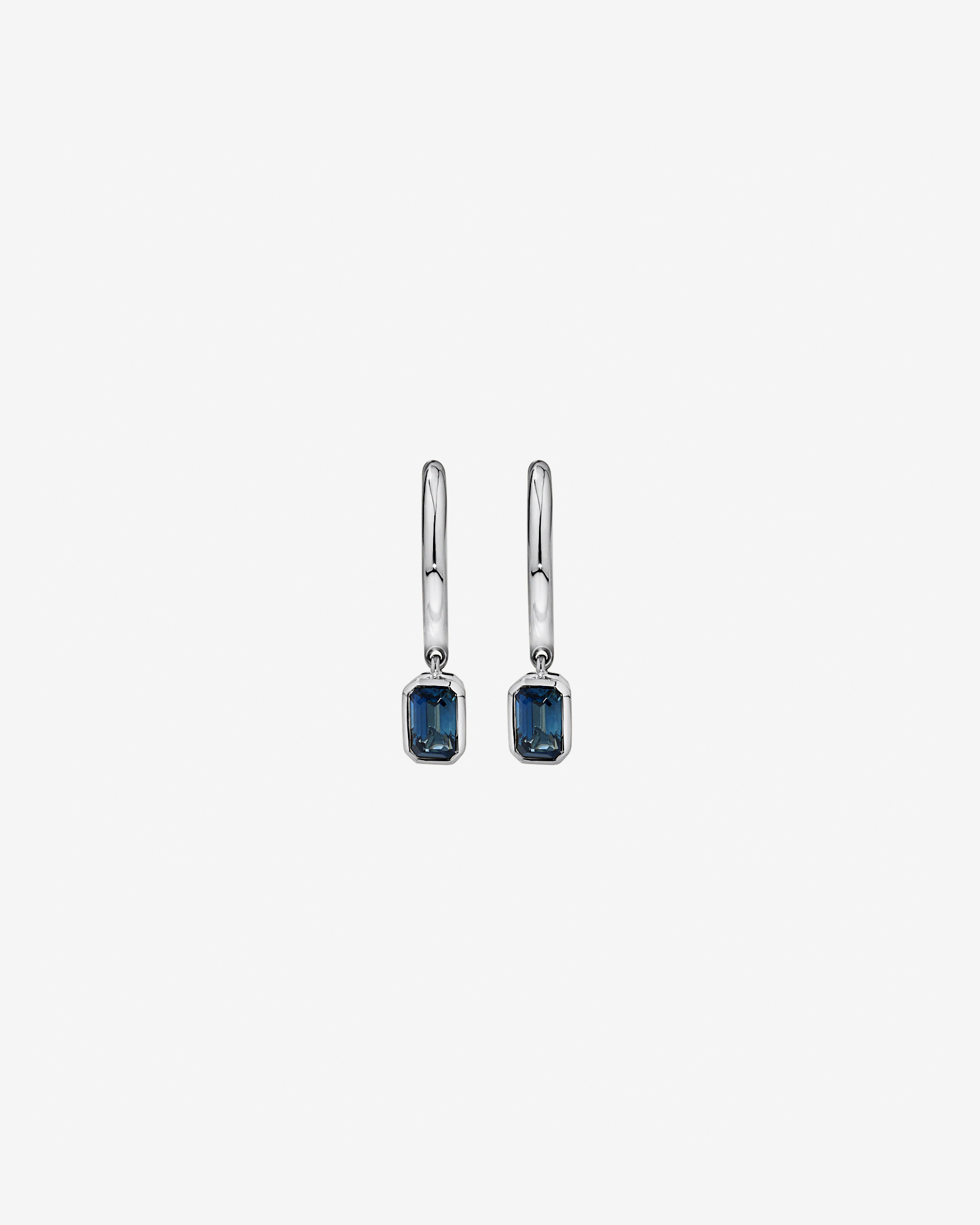 Australian Sapphire Emerald Cut Bezel Set Drop Hoop Earrings in 10kt Gold