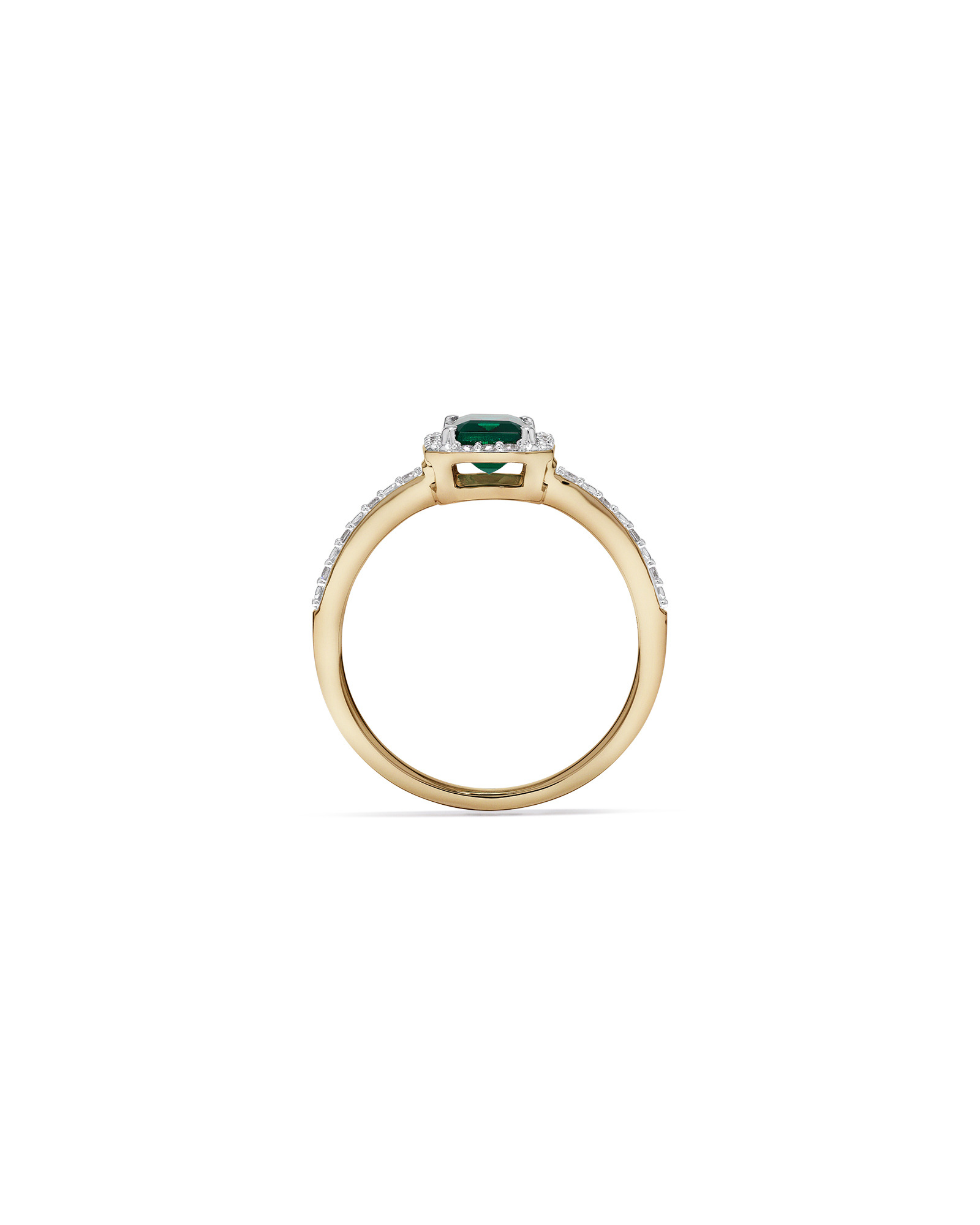 Emerald Cut Green Created Emerald and Lab-Grown Diamond Halo Ring in 10kt Yellow Gold and Rhodium