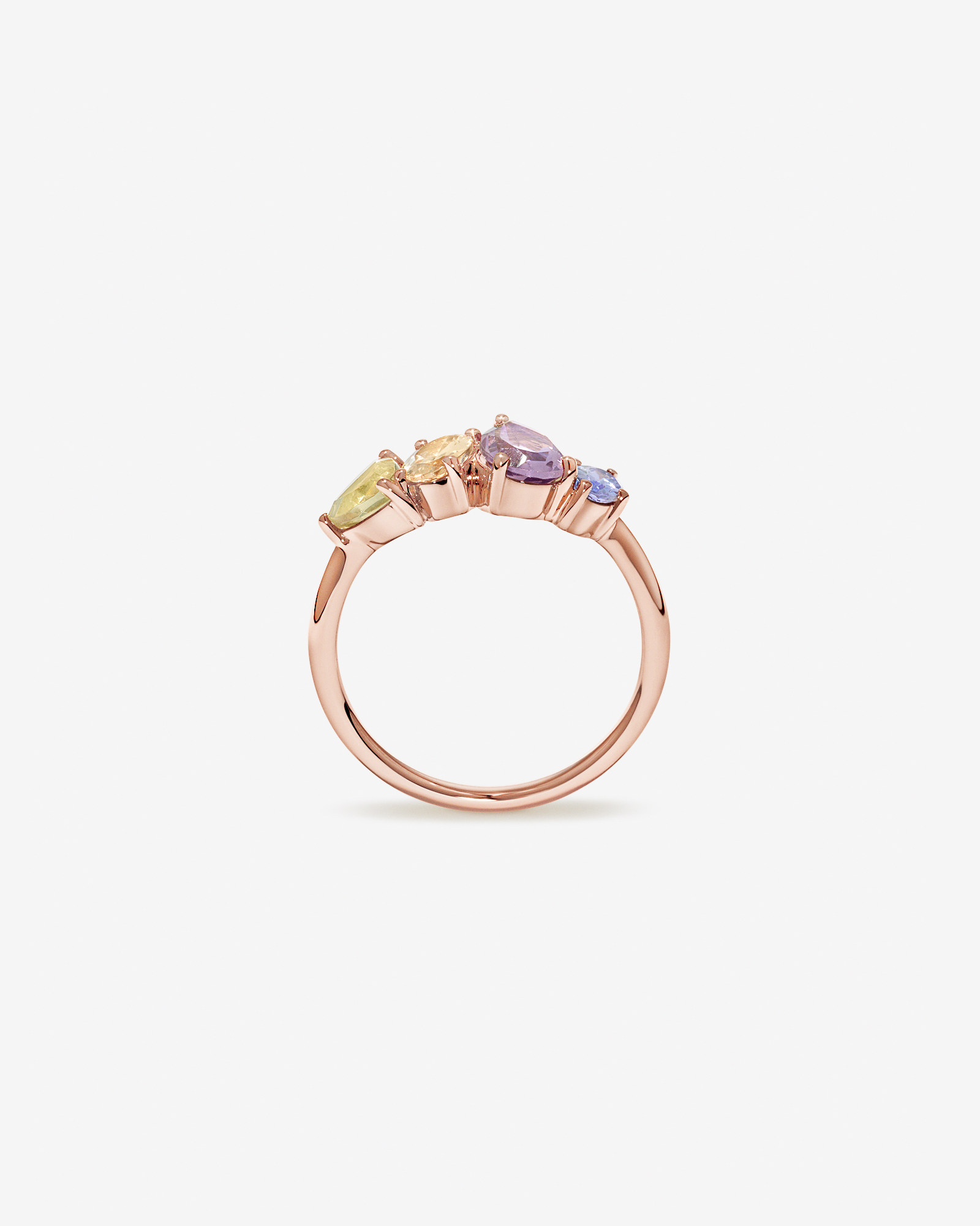Bague multi-gemmes en améthyste verte, morganite, rose et tanzanite or 10 carats