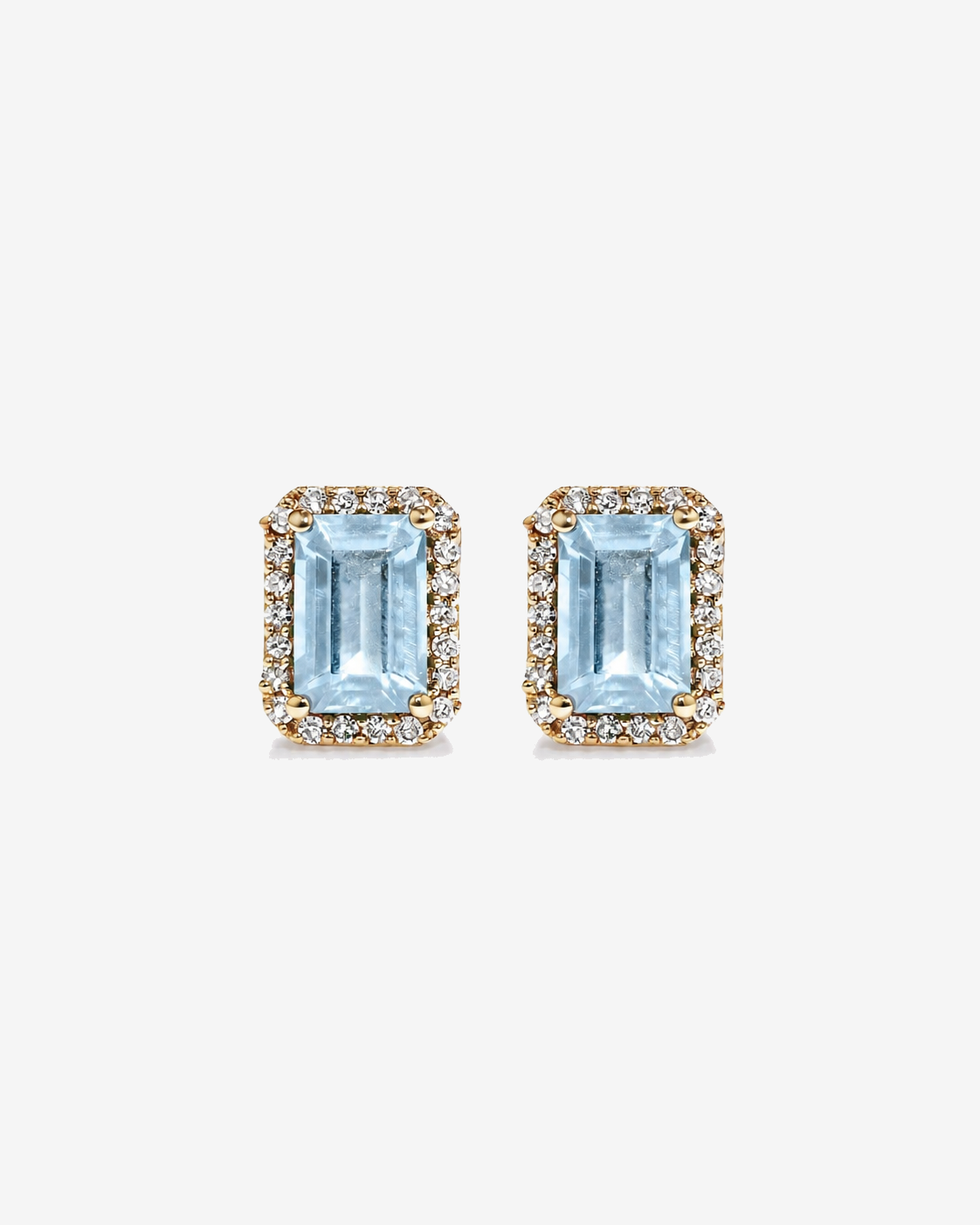 Emerald Cut Aquamarine and Diamond Halo Earrings in 10kt Yellow Gold