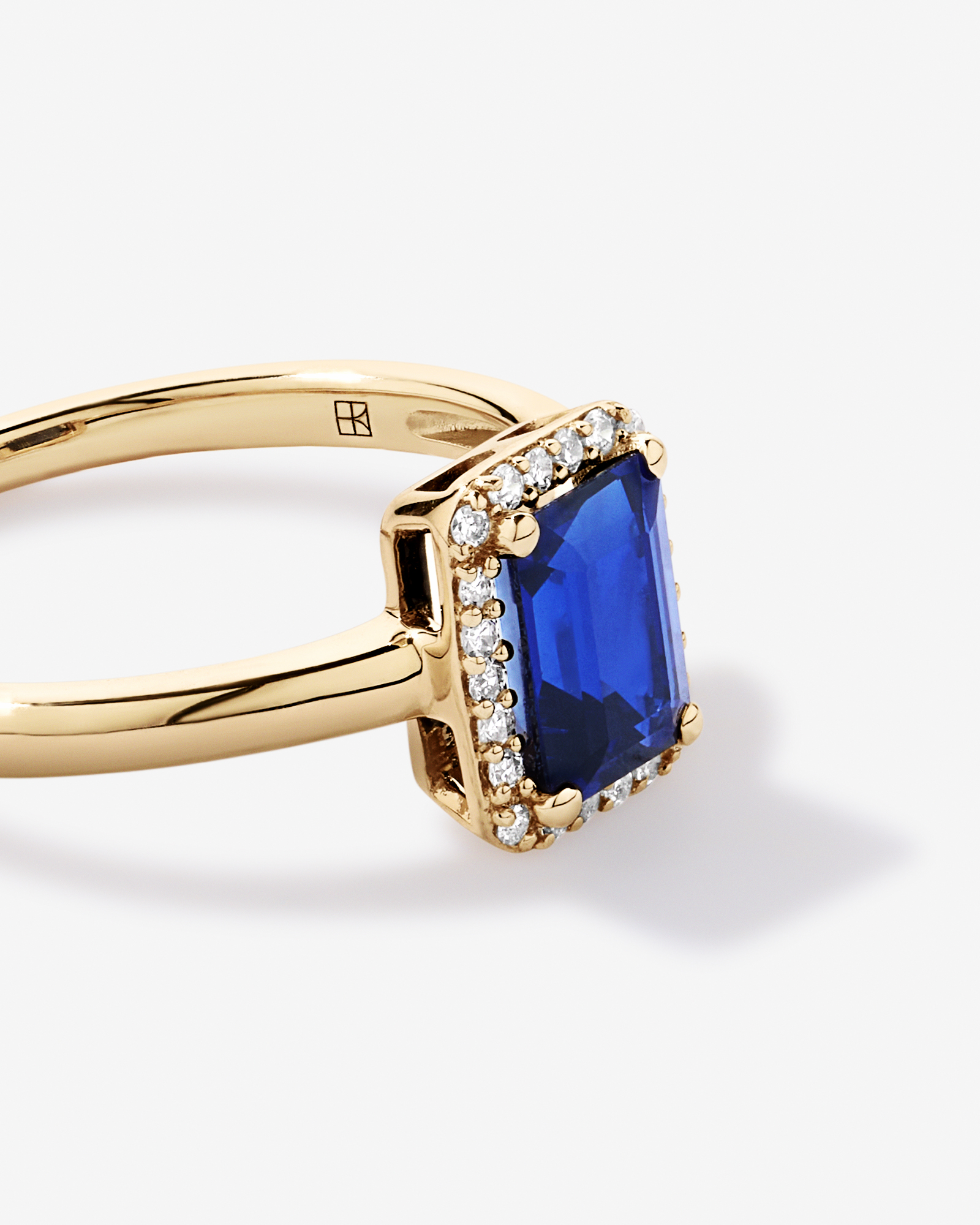 Emerald Cut Created Sapphire and Diamond Halo Ring 10kt Yellow Gold