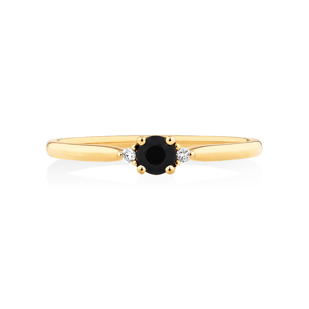 3 Stone Ring with Sapphire & Diamonds in 10kt Yellow Gold