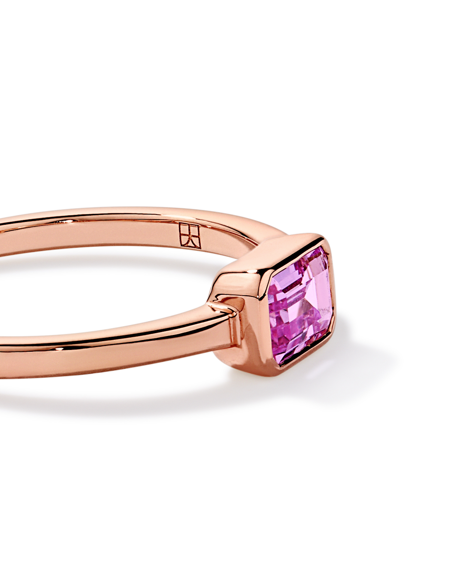 Emerald Cut Pink Created Sapphire East-to-West Set Bezel Ring 10kt Rose Gold