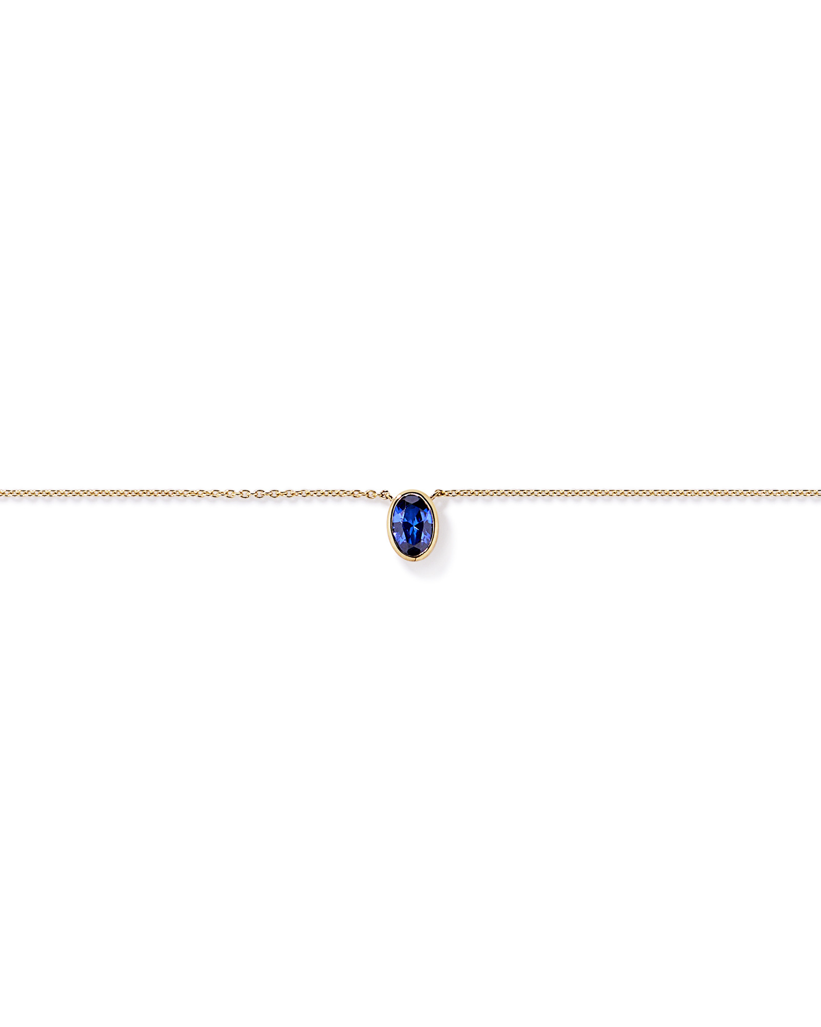 Oval Blue Created Sapphire Bezel Necklace in 10kt Yellow Gold