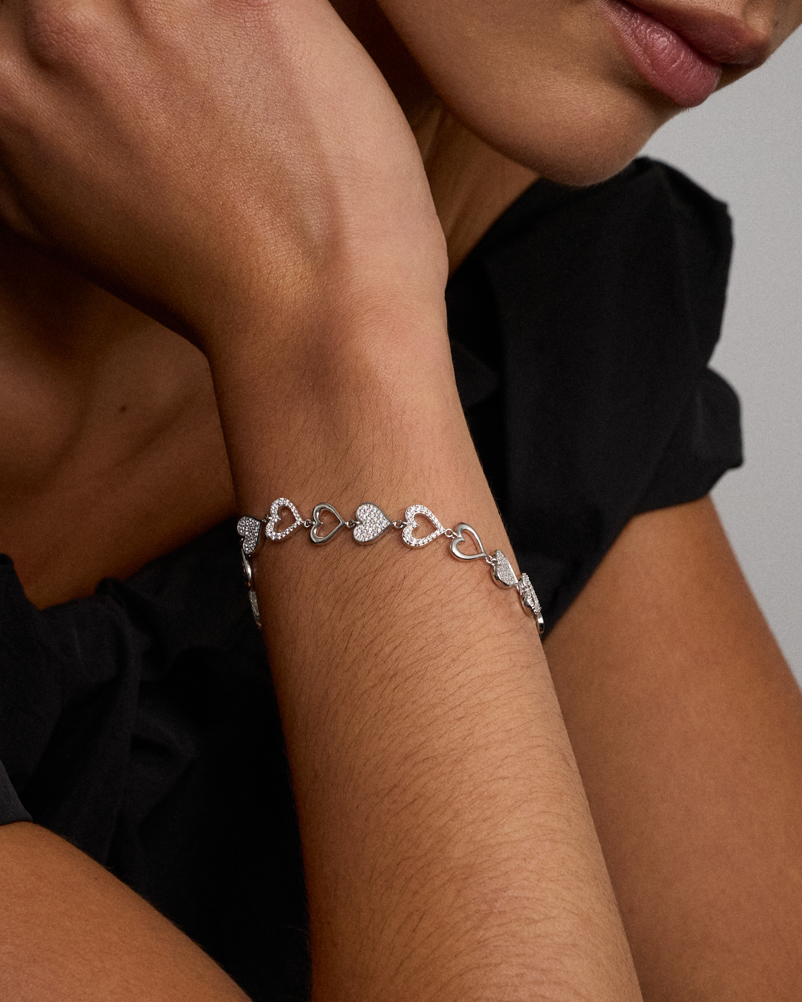 Cubic Zirconia Open and Closed Heart Bracelet in Sterling Silver