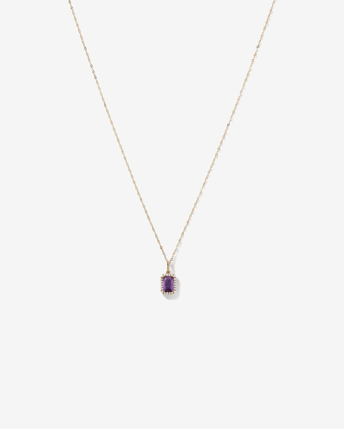 Emerald Cut Amethyst and Diamond Halo Pendant with Chain in 10kt Yellow Gold