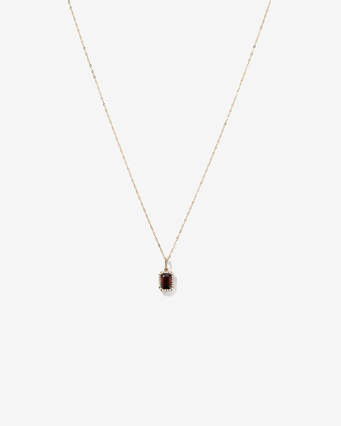 Emerald Cut Garnet and Diamond Halo Pendant with Chain in 10kt Yellow Gold