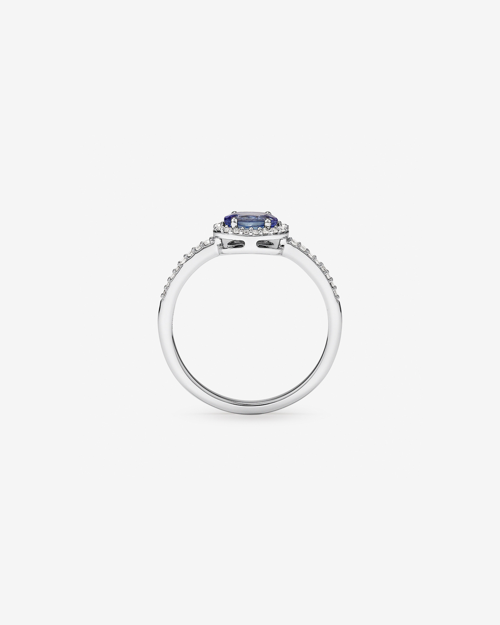Oval Cut Blue Tanzanite Gemstone and 0.15 Carat TW Diamond Halo East West Ring in 10kt White Gold