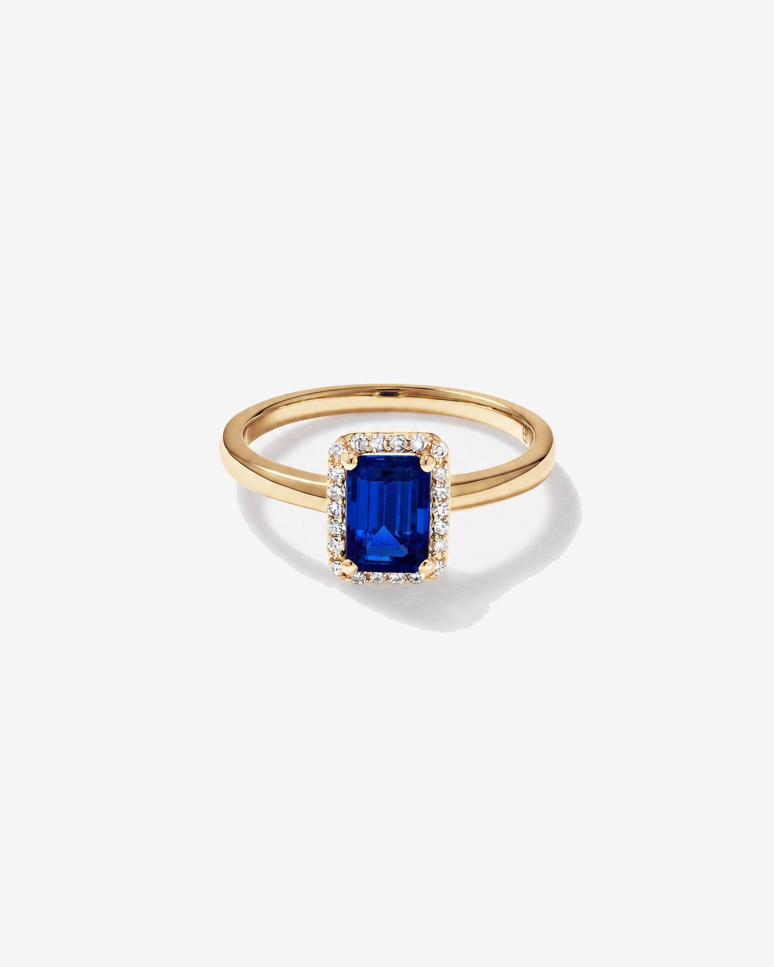 Emerald Cut Created Sapphire and Diamond Halo Ring 10kt Yellow Gold