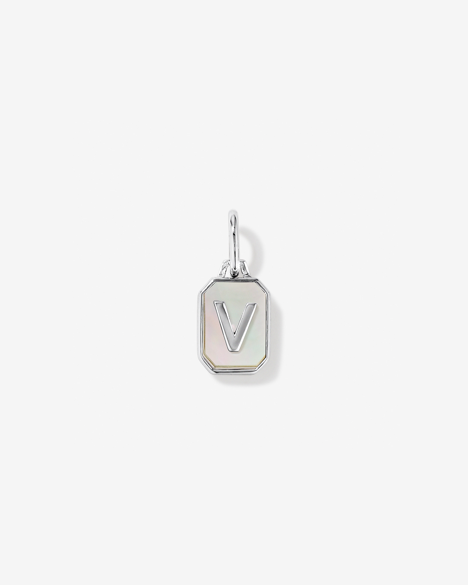 Letter V Mother of Pearl Initial Pendant in Sterling Silver