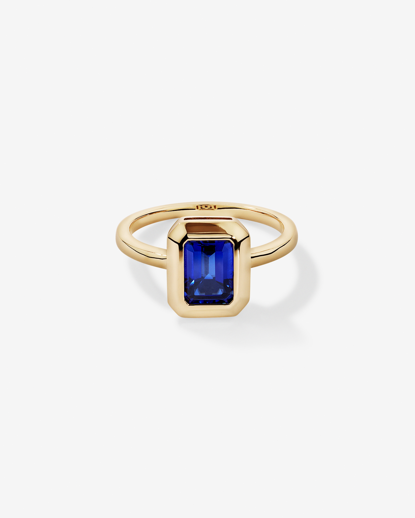 Emerald Cut Created Sapphire Bezel Ring 10kt Yellow Gold