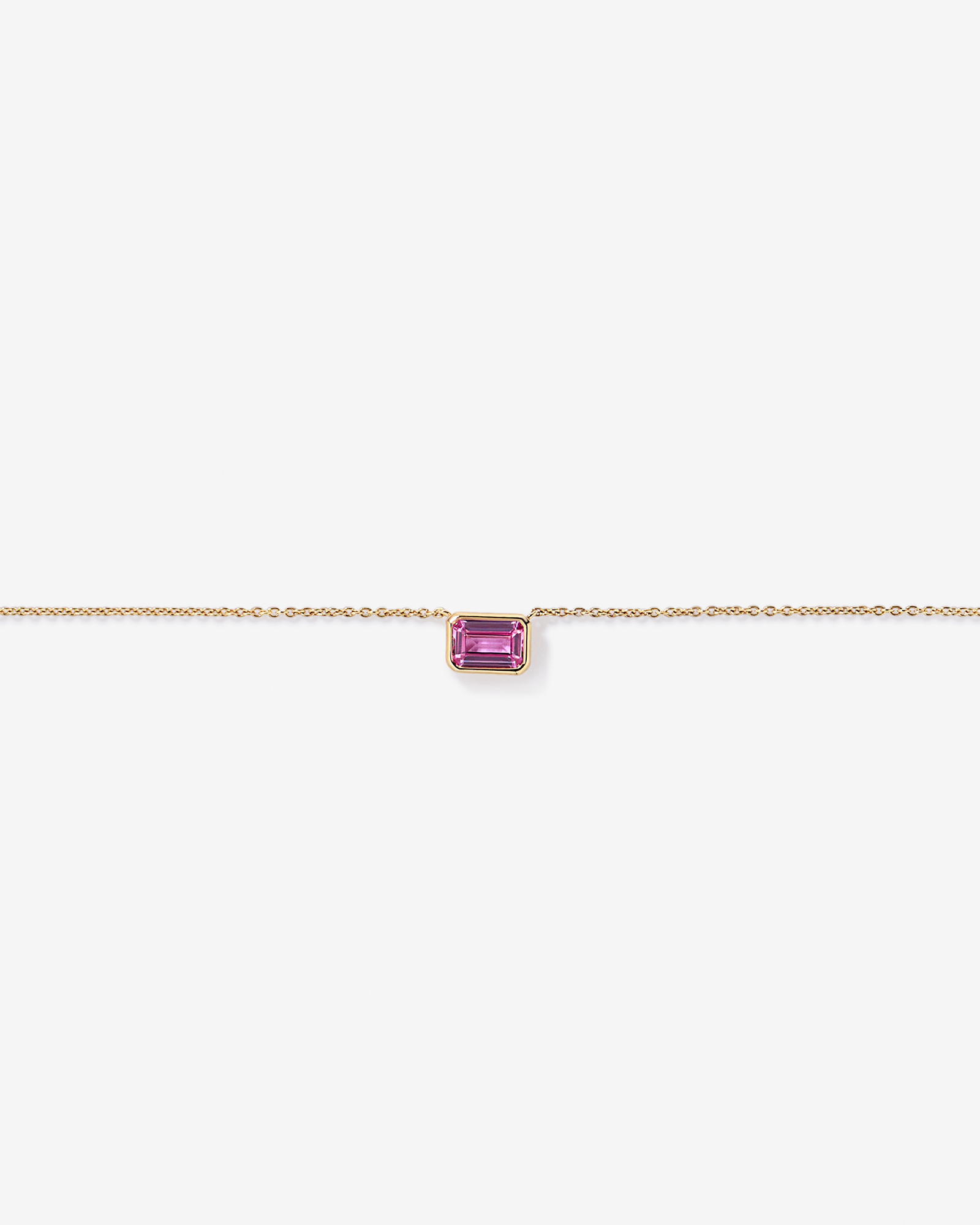 Emerald Cut Pink Created Sapphire East-to-West Set Bezel Necklace with Chain in 10kt Gold