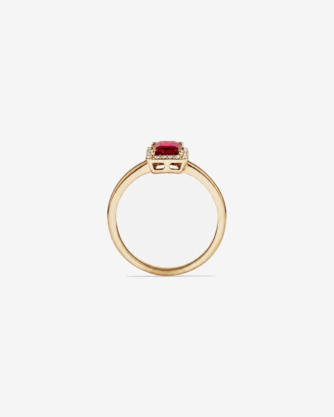Bague halo Rubis créé taille émeraude avec diamants en or jaune 10 ct