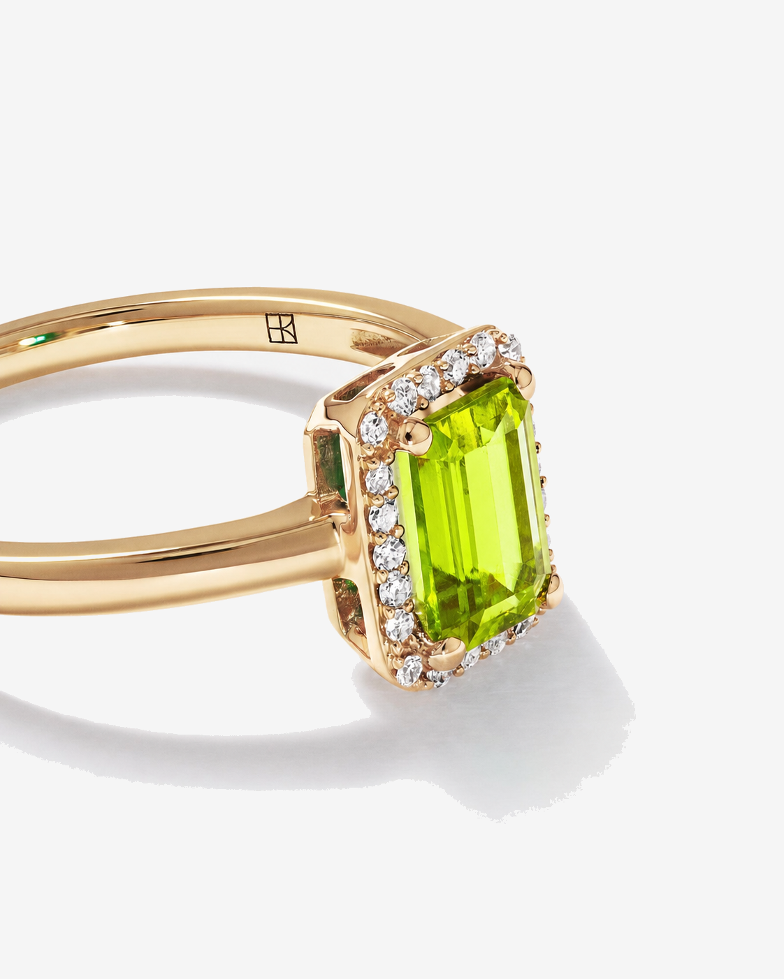 Emerald Cut Peridot and Diamond Halo Ring 10kt Yellow Gold