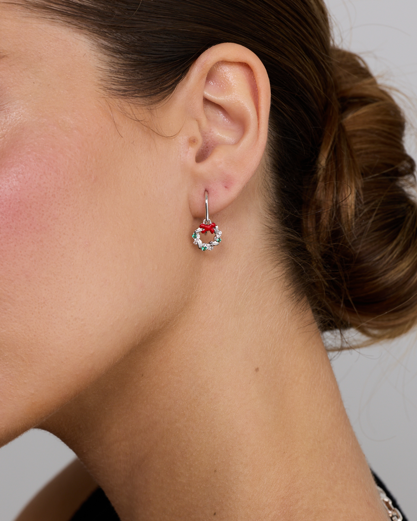 Christmas Wreath Drop Earrings with Created Emeralds in Sterling Silver