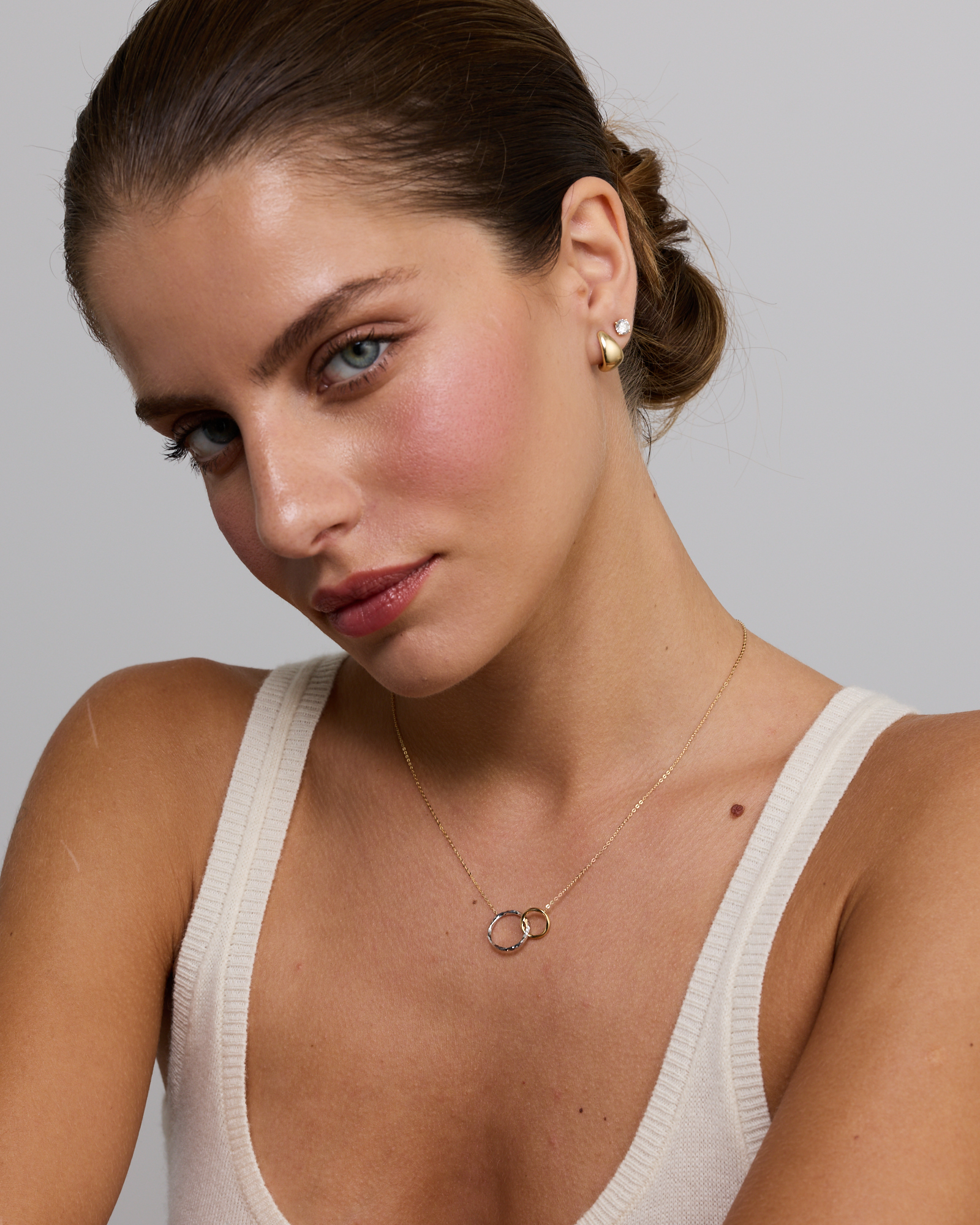 Two-Tone Double Circle Link Hammered Finish Necklace in 10kt White & Yellow Gold