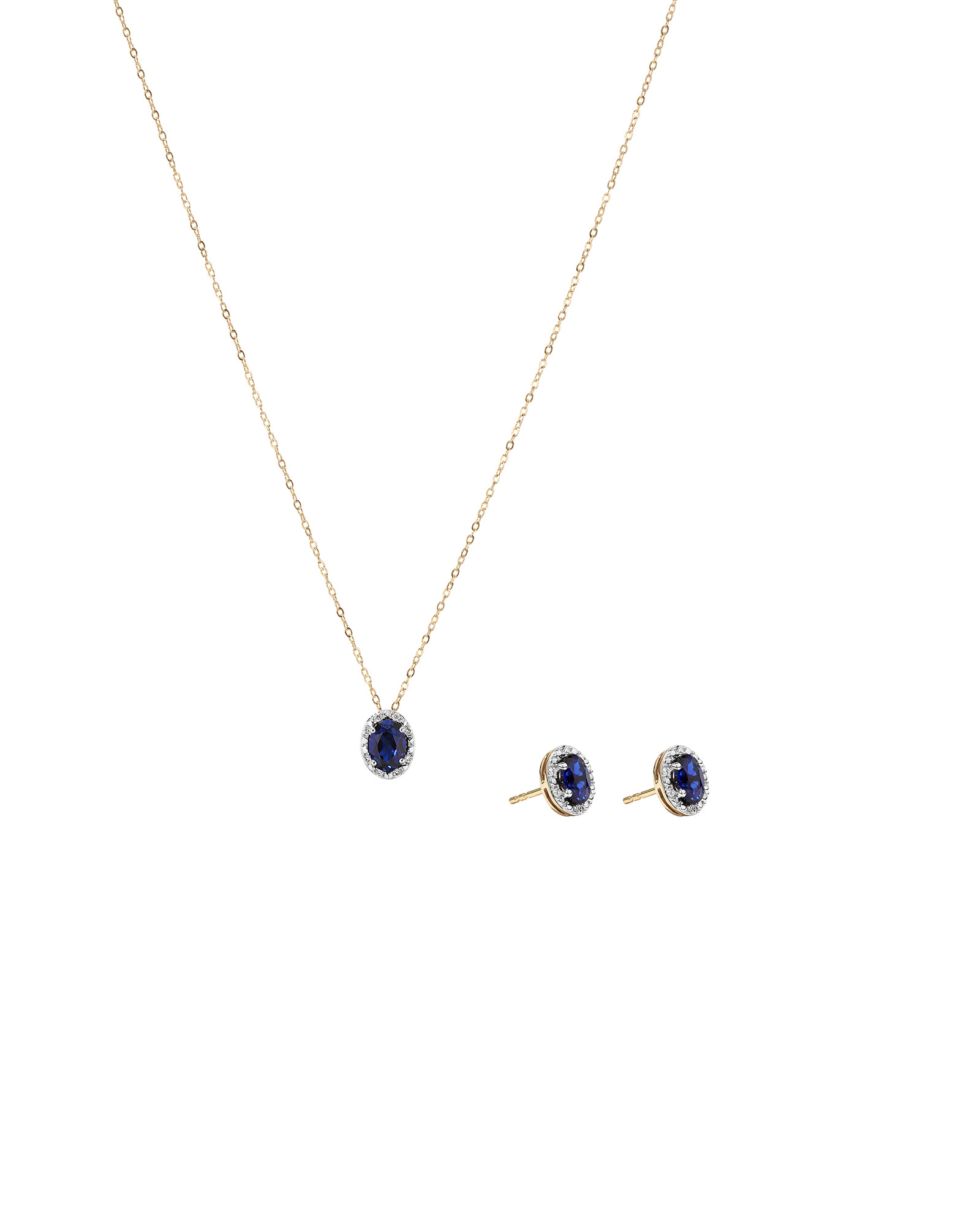 Oval Cut Blue Created Sapphire and Lab-Grown Diamond Halo Stud Earrings and Pendant Necklace Set in 10kt Yellow Gold and Rhodium