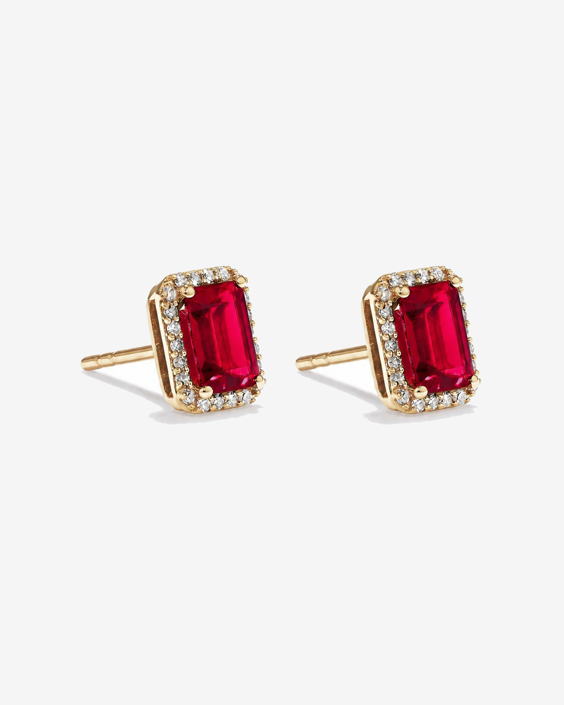 Emerald Cut Created Ruby and Diamond Halo Earrings in 10kt Yellow Gold