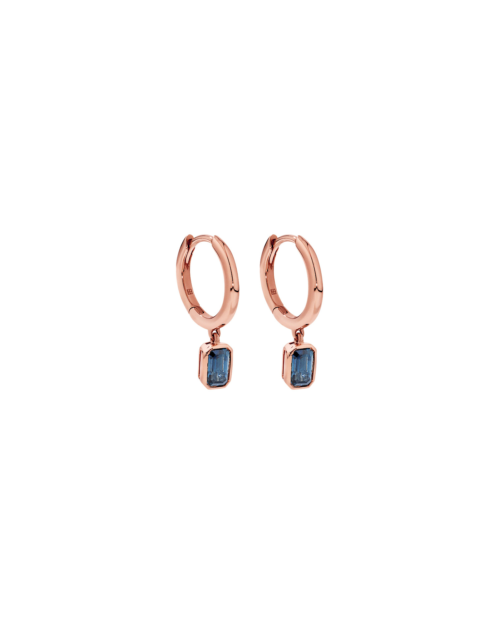 Australian Sapphire Emerald Cut Bezel Set Drop Hoop Earrings in 10kt Rose Gold
