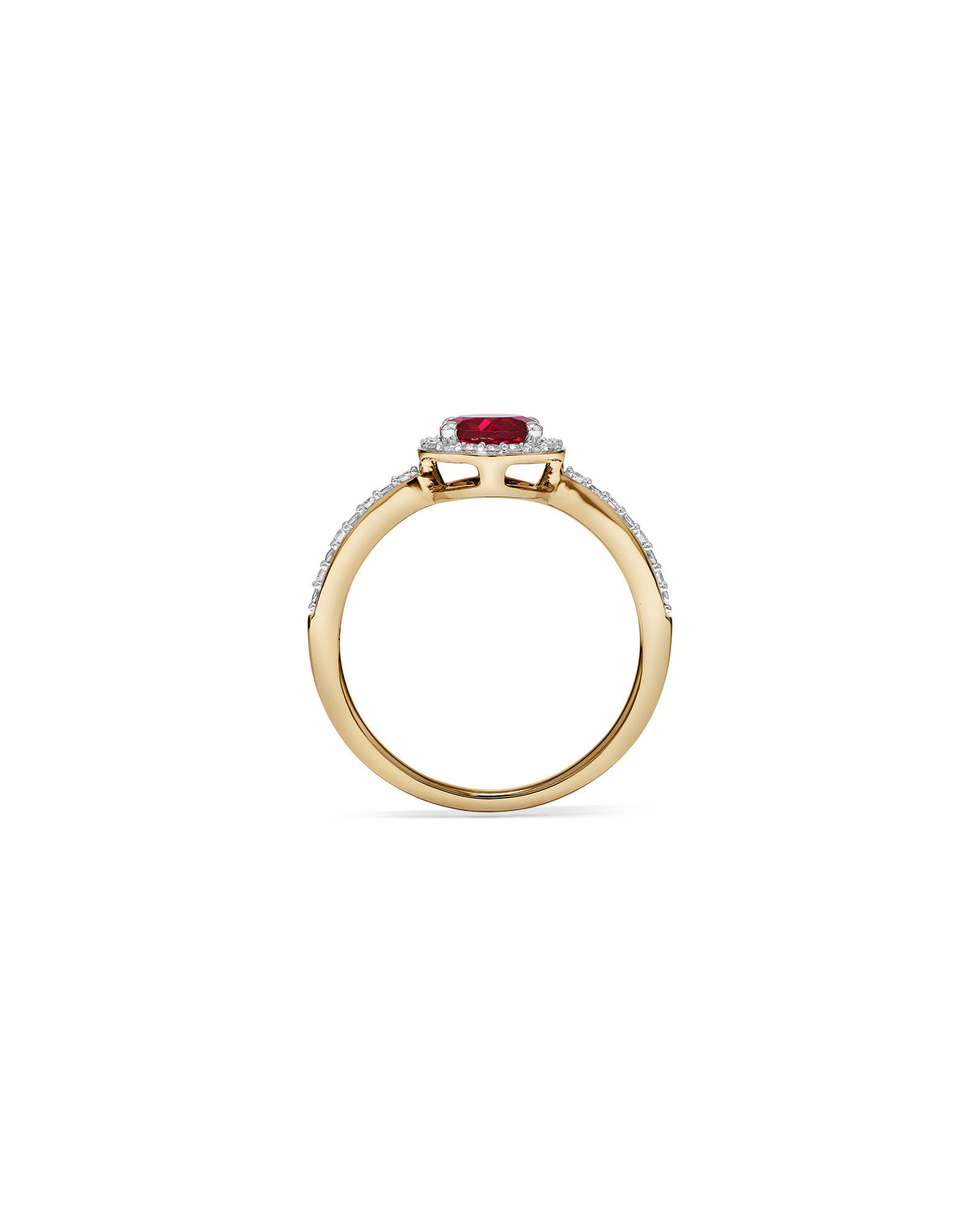 Round Cut Red Created Ruby and Lab-Grown Diamond Halo Ring in 10kt Yellow Gold and Rhodium