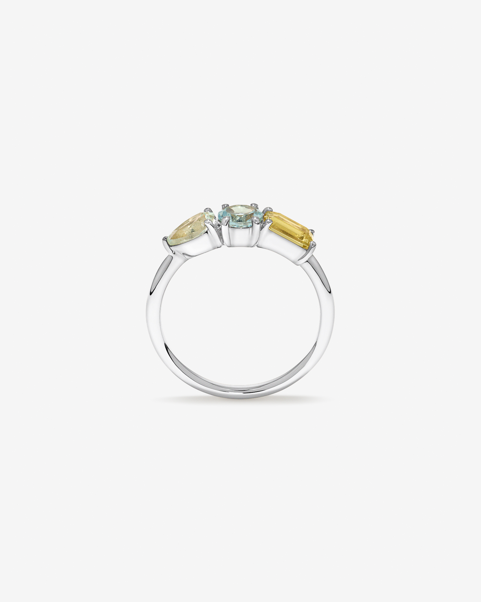 Anneau multi-gemmes en améthyste verte, topaze bleu ciel et quartz citron or blanc 10 carats