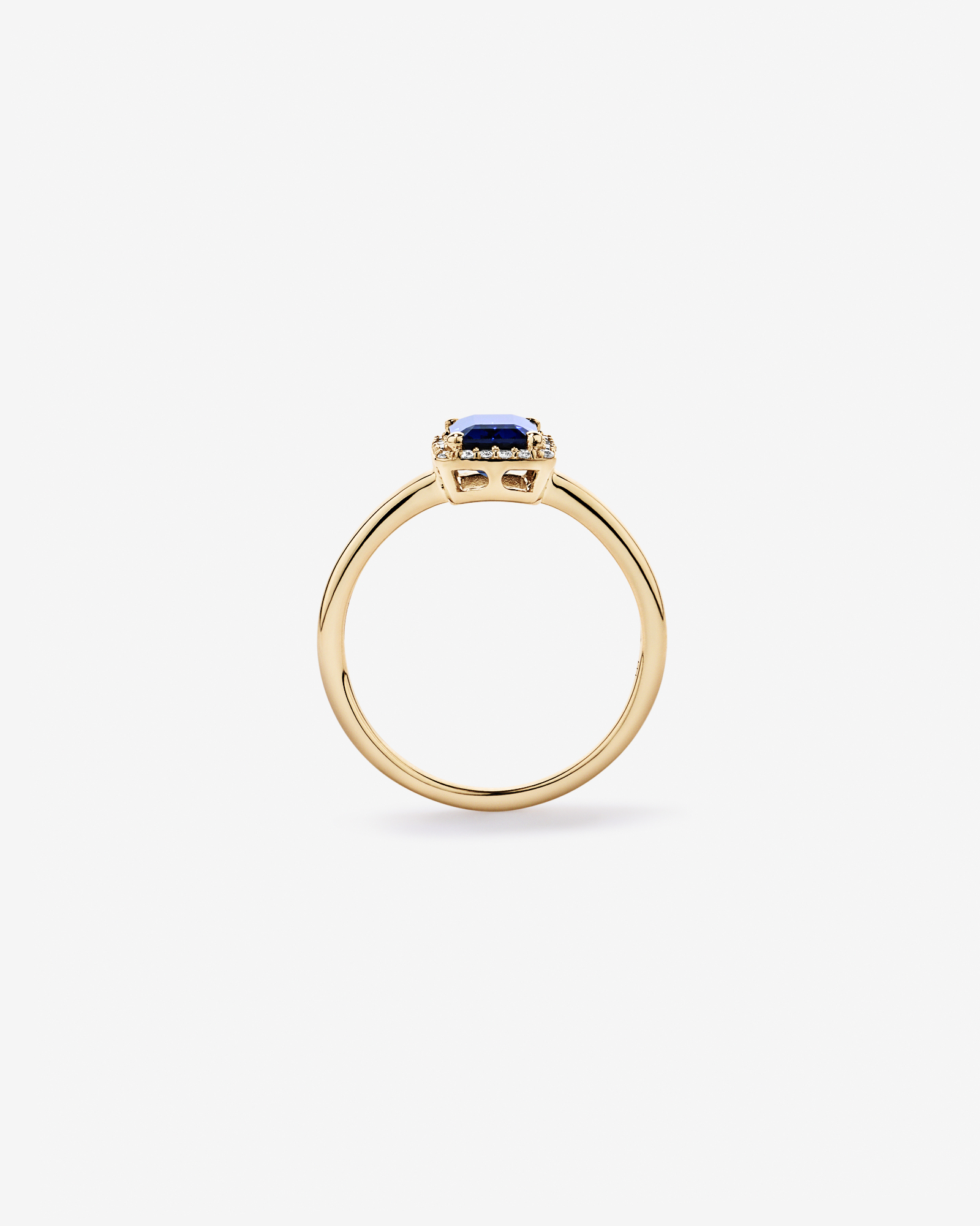 Emerald Cut Created Sapphire and Diamond Halo Ring 10kt Yellow Gold