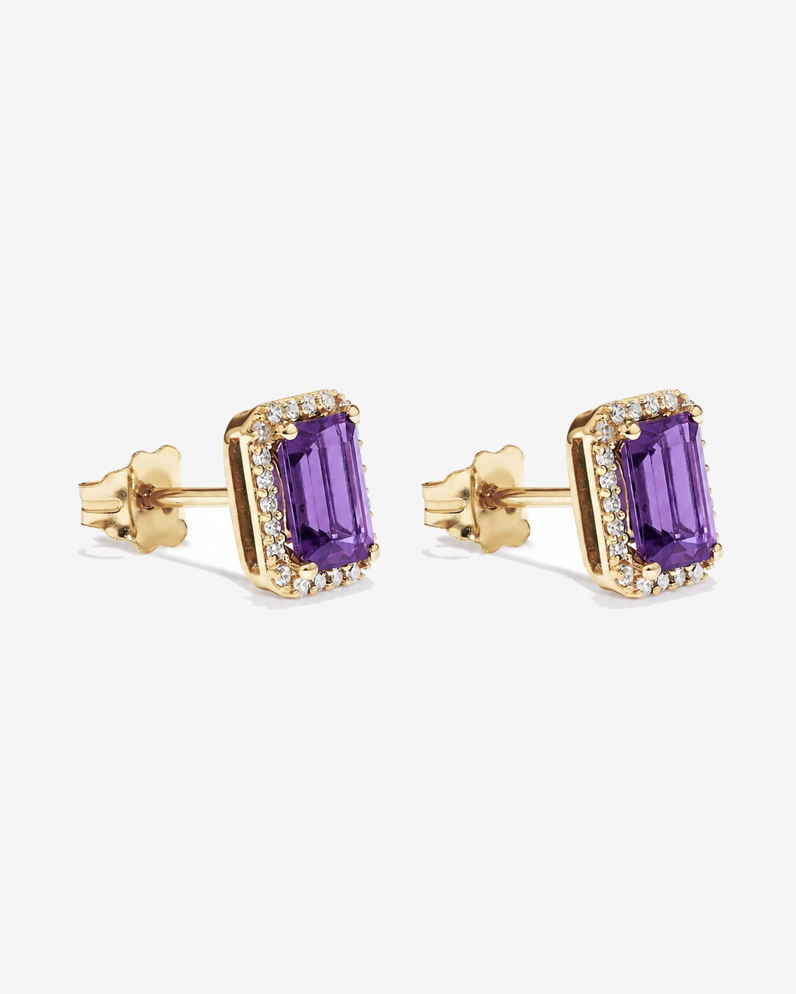 Emerald Cut Amethyst and Diamond Halo Earrings in 10kt Yellow Gold
