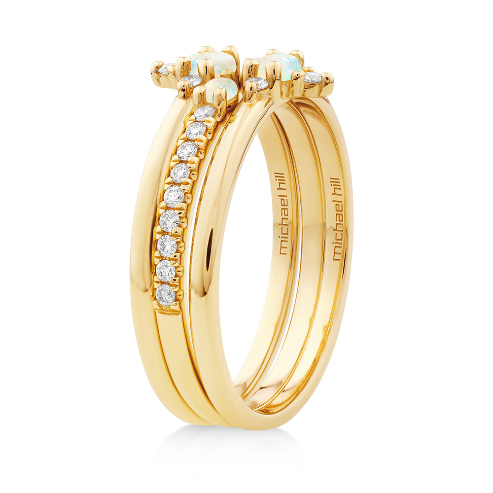 Australian Opal & 0.18 Carat TW of Diamonds 3 Ring Set in 10kt Yellow Gold