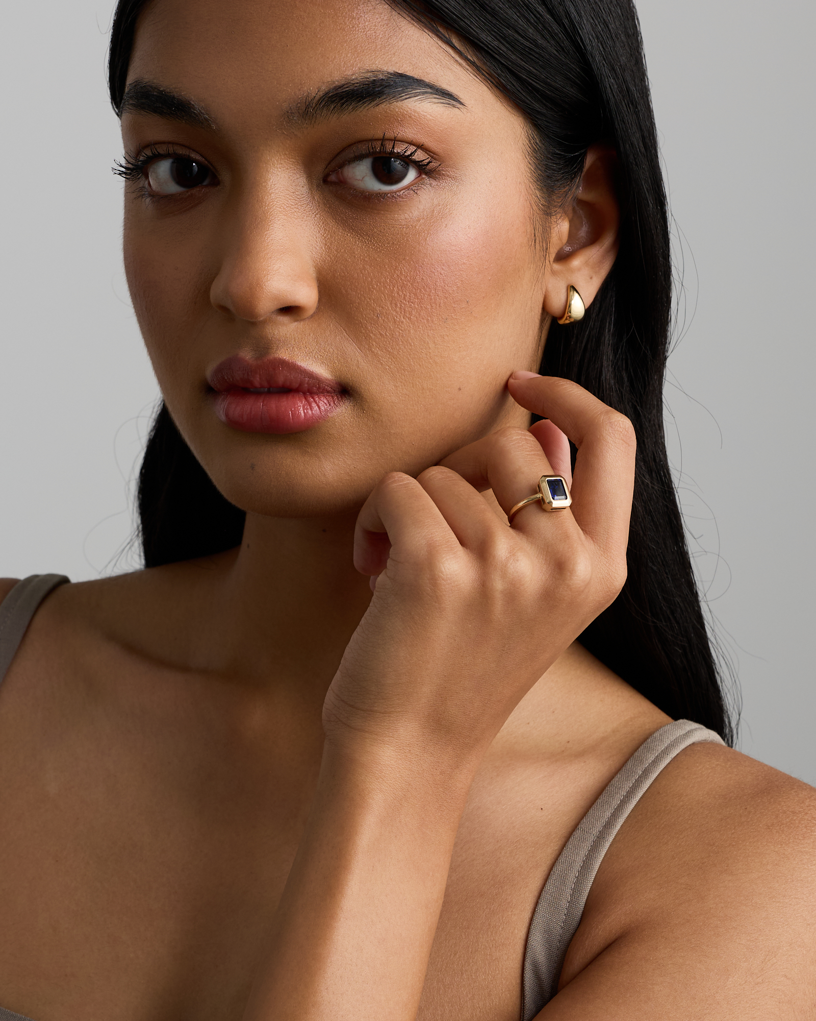 Emerald Cut Created Sapphire Bezel Ring 10kt Yellow Gold