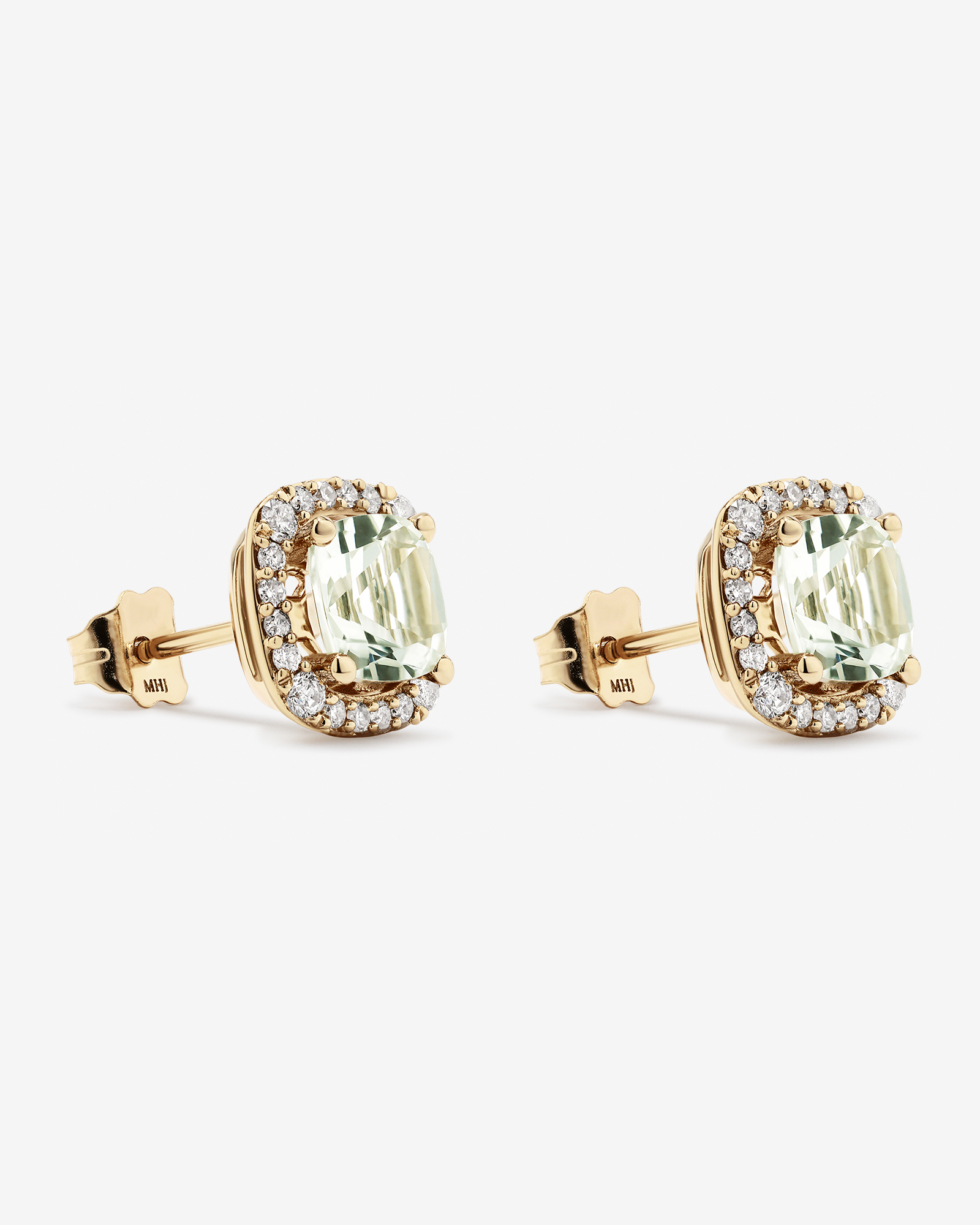 Boucles D'Oreilles Halo Avec Pierre Précieuse Améthyste Verte Taille Coussin Et 0,32 Carat Pt De Diamants En Or Jaune 10 Ct