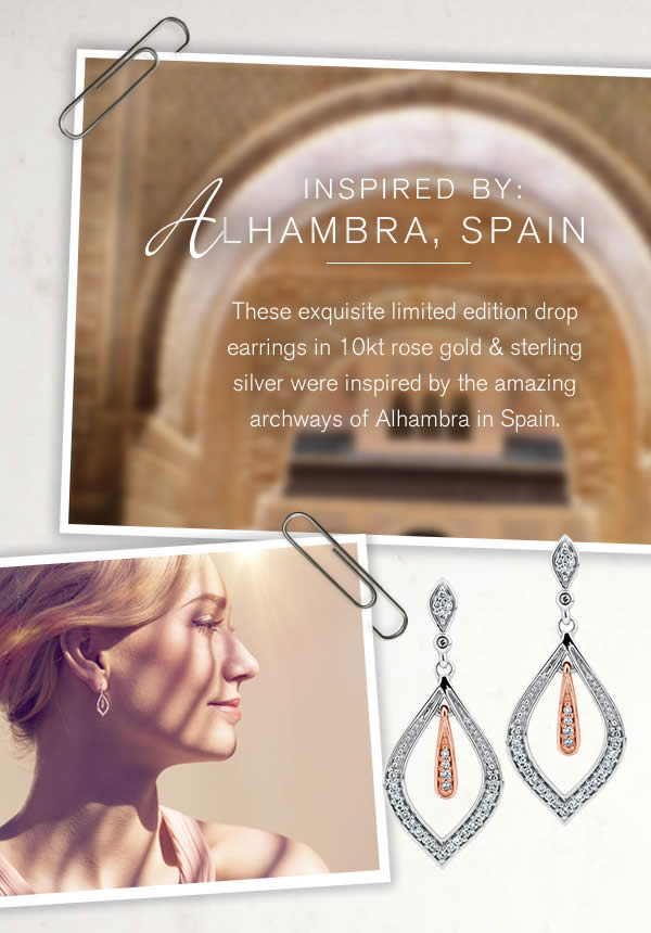 These exquisite limited edition drop earrings in 10kt rose gold & sterling silver were inspired by the amazing archways of Alhambra in Spain.